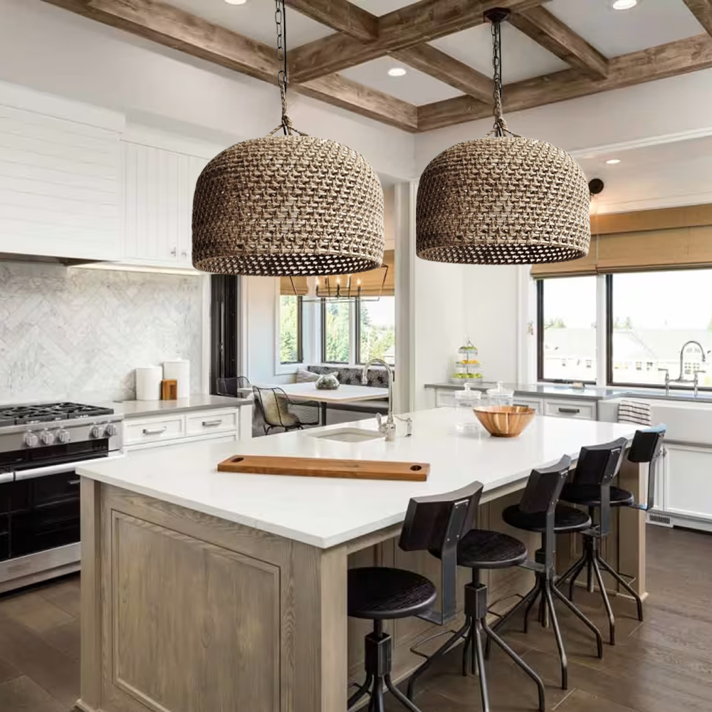 Japanese Rattan Weaving Kitchen Counter Pendant Light Hemp Rope Chandelier-Handwovenlamp
