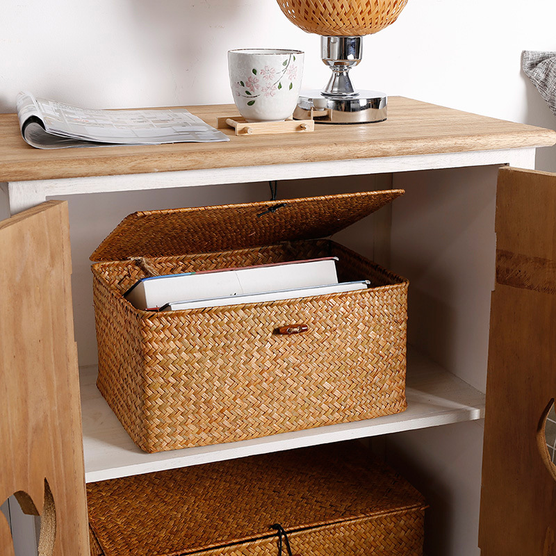 Straw Woven Storage Box Covered Sundries Organizer Ornament Box Storage Basket-Handwovenlamp