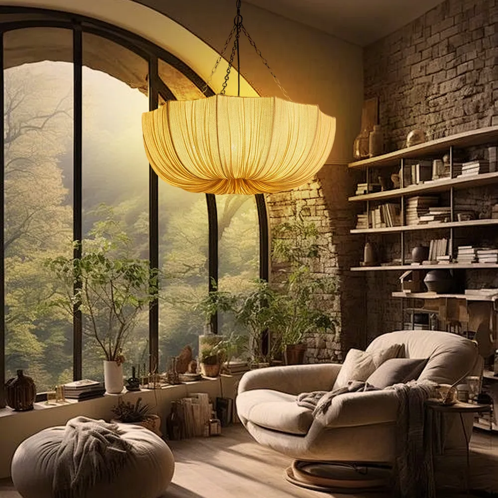 French Vintage Fabric Pendant Light Wabi-sabi Dining Room Decorative Lamps-Handwovenlamp