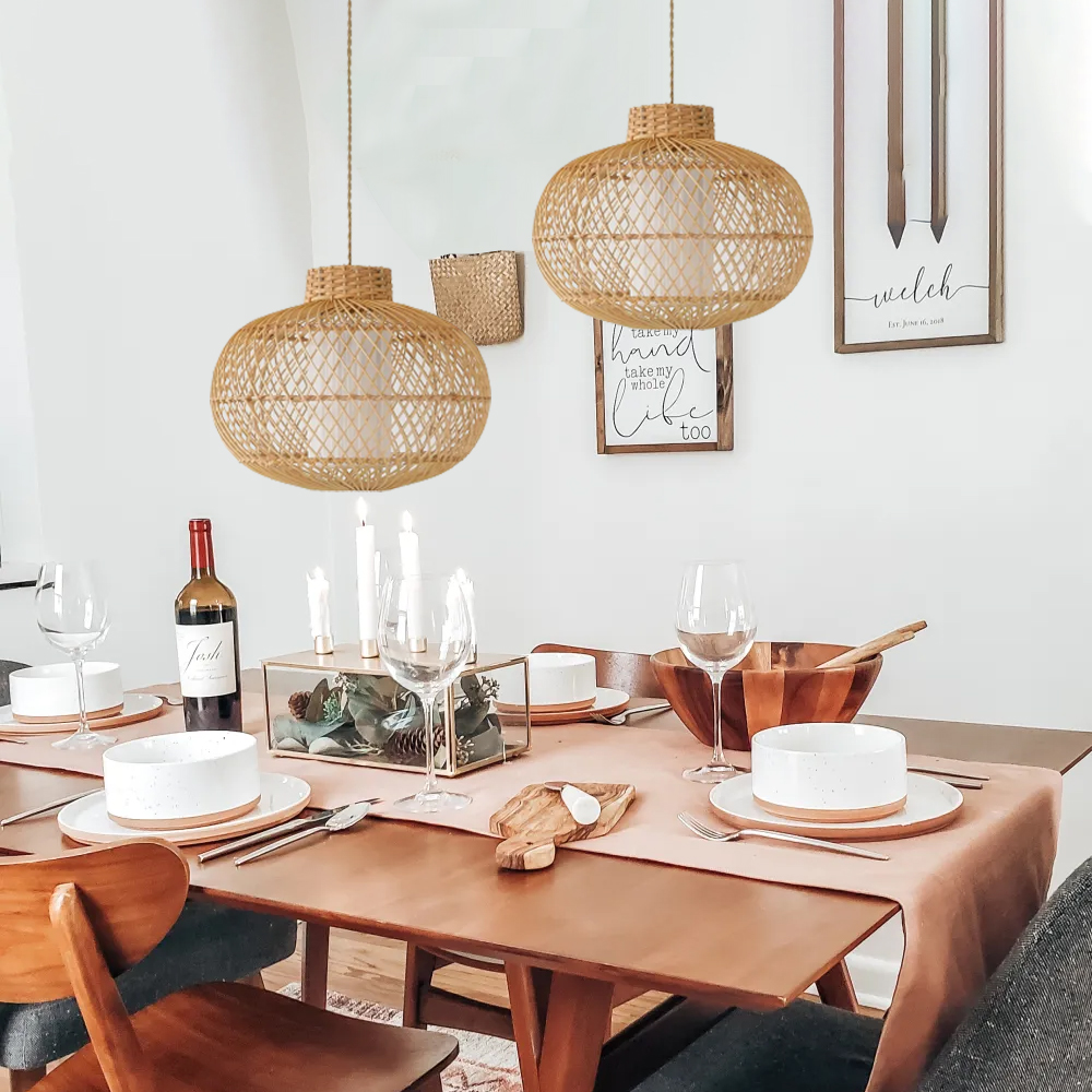 Boho Coastal Dining Room Pendant Light Fixtures Handmade Natural Rattan Chandelier-Handwovenlamp