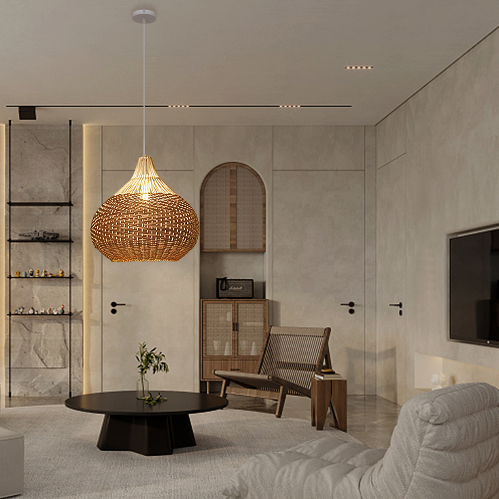 Handmade Rattan Weave Art Chandelier Round Pendant Lampshade Japanese Wabi-Sabi Chandelier-Handwovenlamp