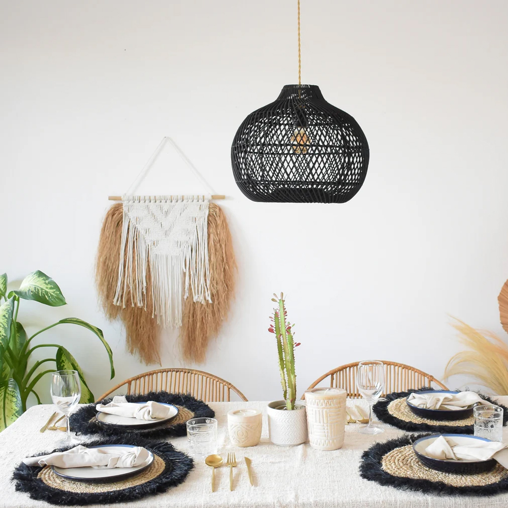 Boho Black Pendant Light Handmade Wicker Rattan Lampshade-Handwovenlamp