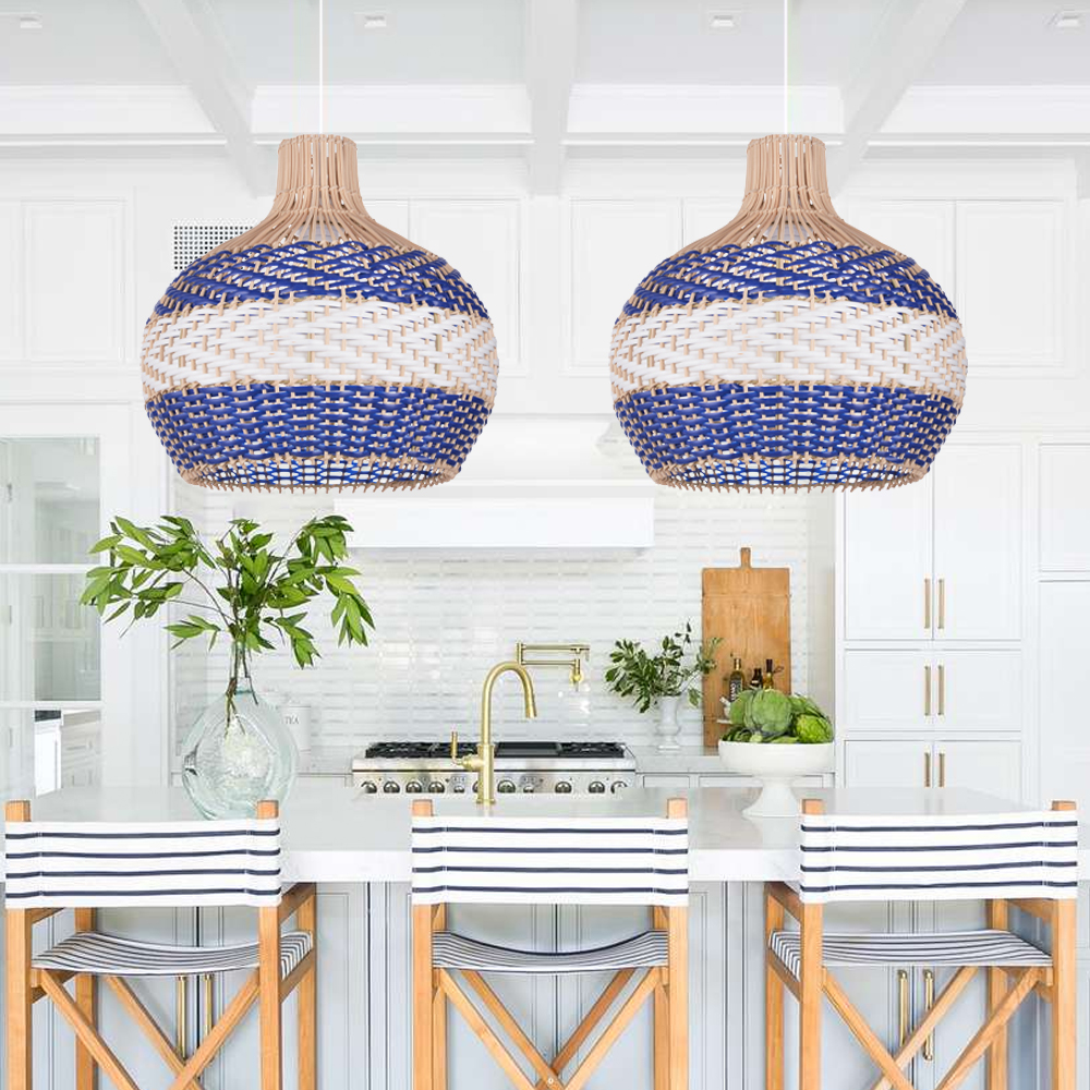 Coastal Blue Rattan Pendant Light for Dining Room Kitchen Island