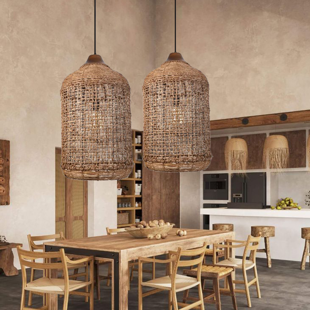 Oversize Wabi-sabi Kitchen Island Light Large Rattan Pendant Light Fixtures