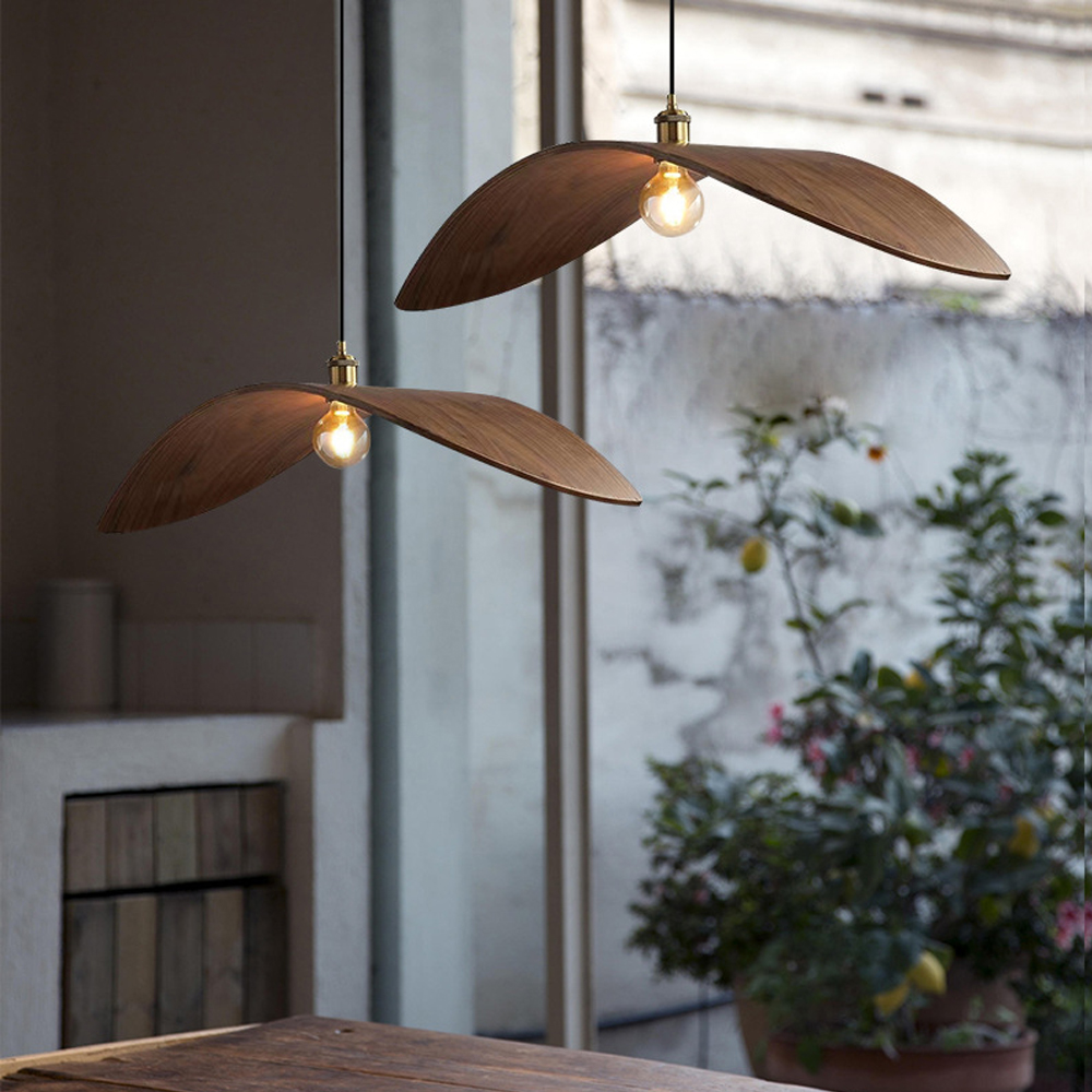 Wabi-Sabi Walnut Chandelier Leaf Shape Wooden Pendant Light-Handwovenlamp