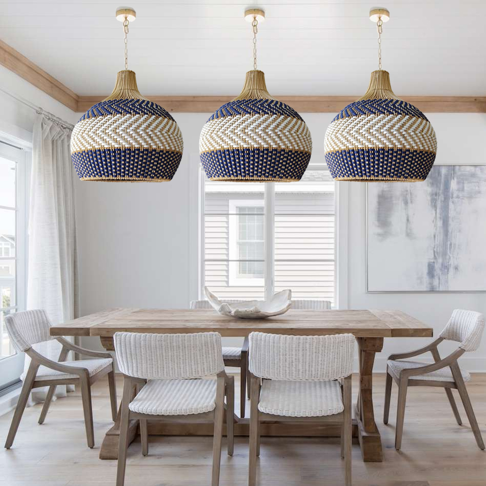Unique Royal Blue Rattan Pendant Light Handwoven Round Lamp-Handwovenlamp