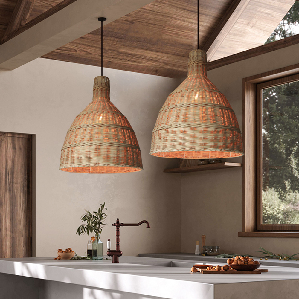 Wabi-sabi Retro Kitchen Island Rattan Chandelier Japanese Decorative Lamps-Handwovenlamp