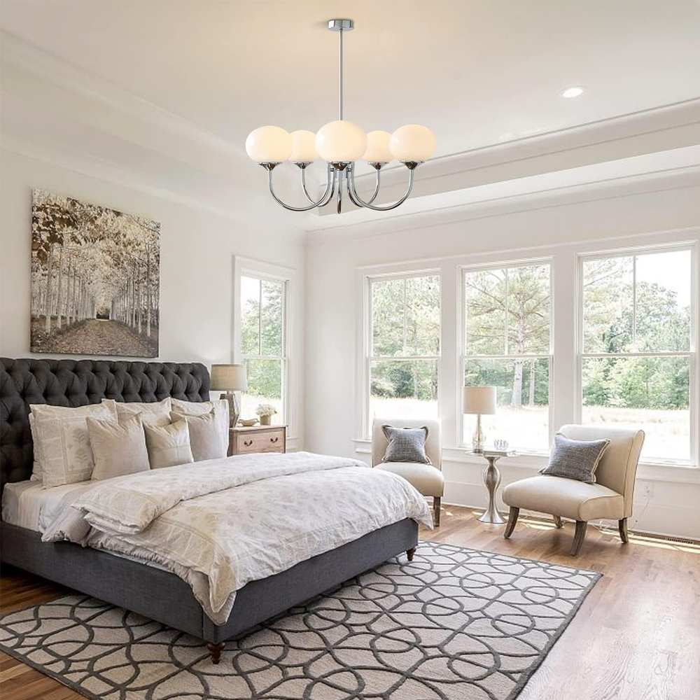 Modern 5-Light Globe Chandelier Light Fixture with Pink Smooth Glass Shade French Home Decor Glass Hanging Lamp-Handwovenlamp