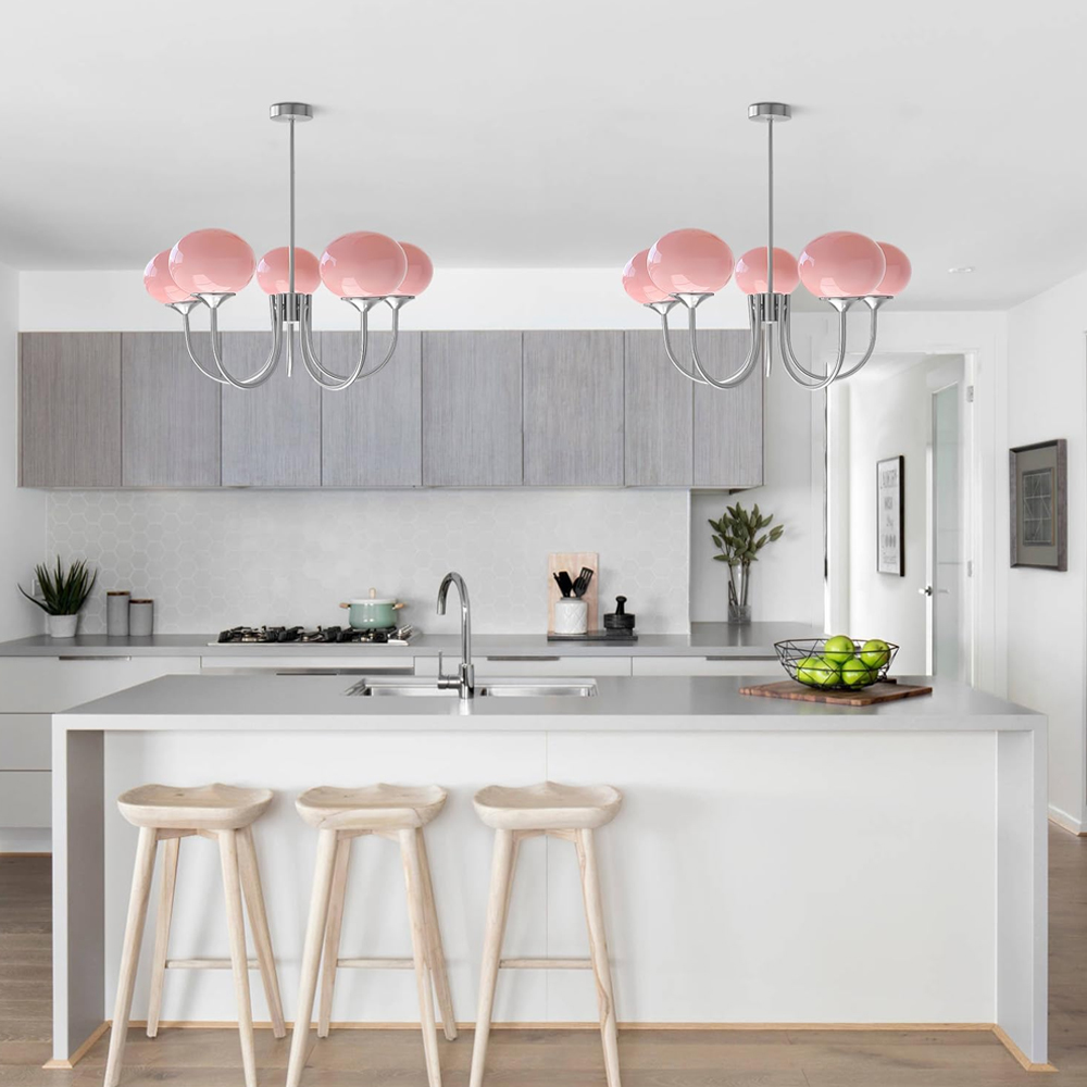 Modern 5-Light Globe Chandelier Light Fixture with Pink Smooth Glass Shade French Home Decor Glass Hanging Lamp-Handwovenlamp