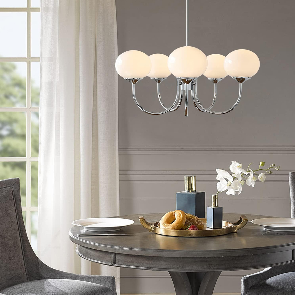 Modern 5-Light Globe Chandelier Light Fixture with Pink Smooth Glass Shade French Home Decor Glass Hanging Lamp-Handwovenlamp