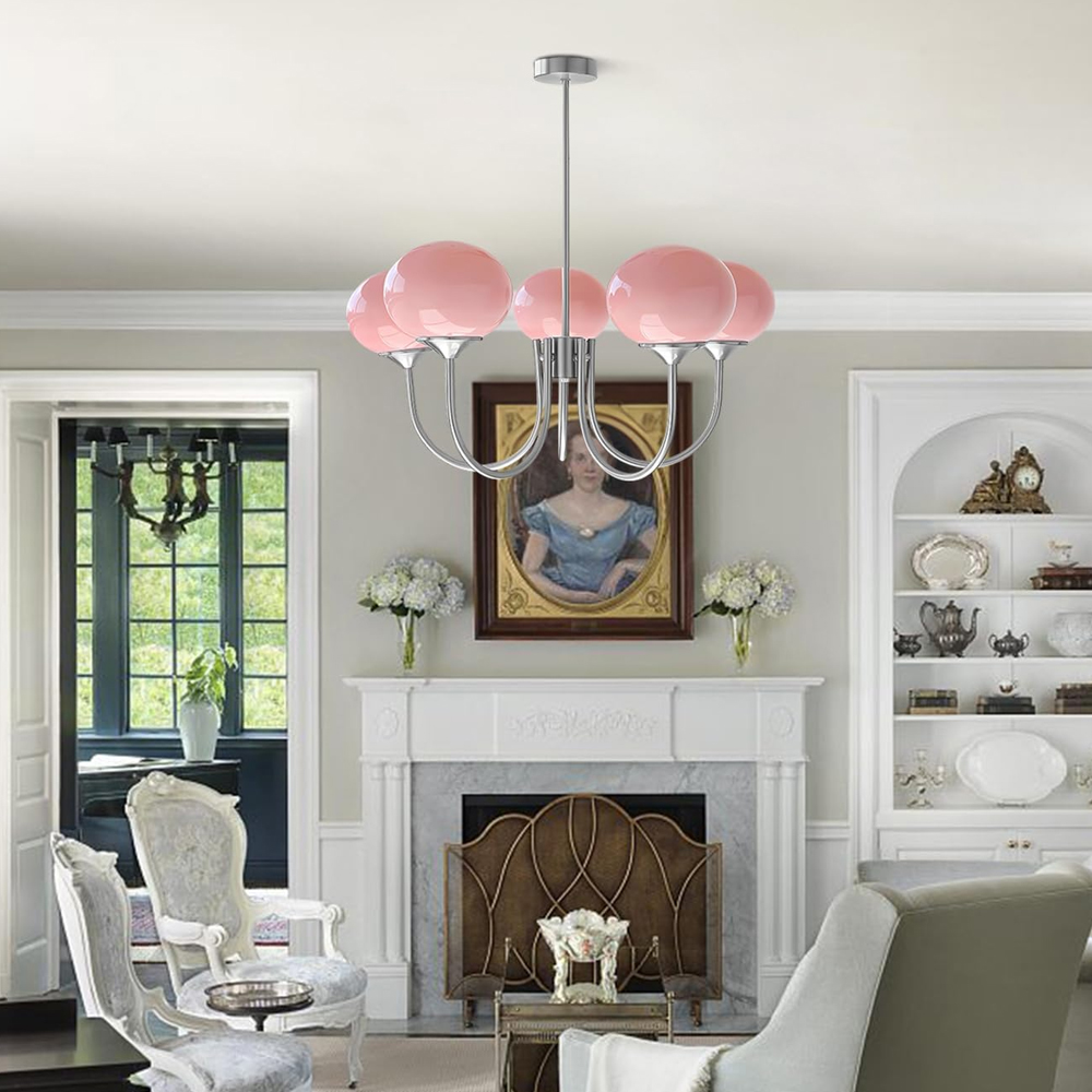 Modern 5-Light Globe Chandelier Light Fixture with Pink Smooth Glass Shade French Home Decor Glass Hanging Lamp-Handwovenlamp