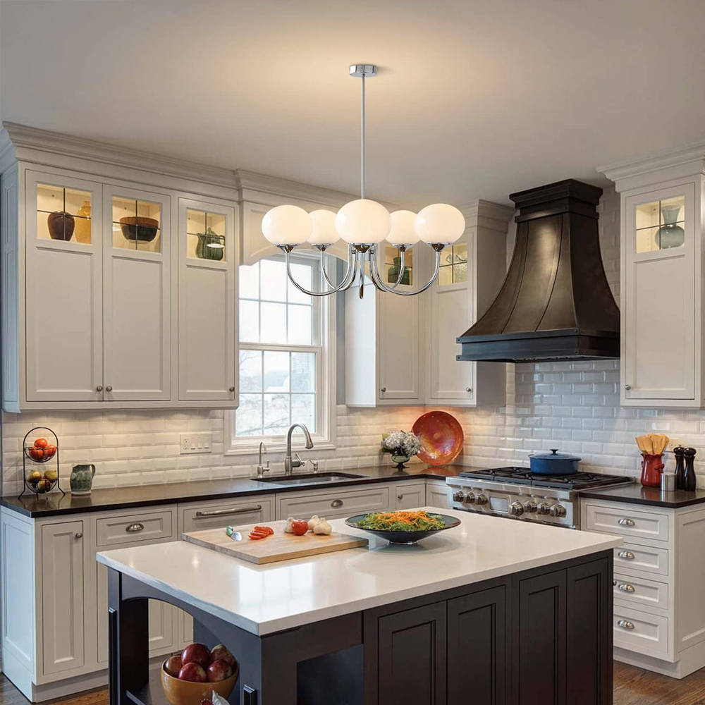 Modern 5-Light Globe Chandelier Light Fixture with Pink Smooth Glass Shade French Home Decor Glass Hanging Lamp-Handwovenlamp