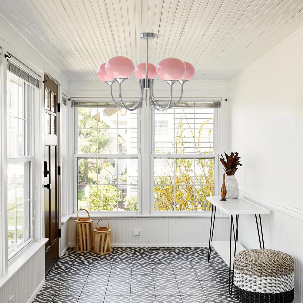 Modern 5-Light Globe Chandelier Light Fixture with Pink Smooth Glass Shade French Home Decor Glass Hanging Lamp-Handwovenlamp
