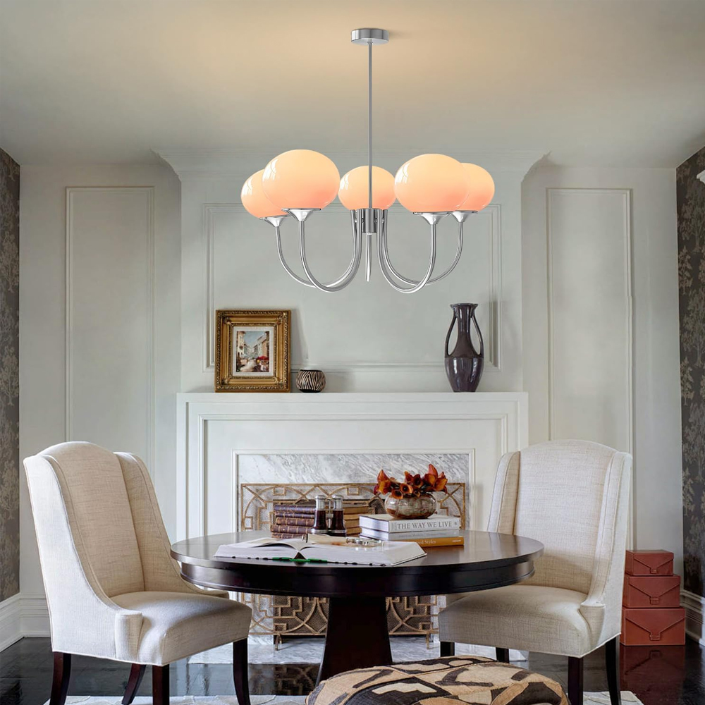 Modern 5-Light Globe Chandelier Light Fixture with Pink Smooth Glass Shade French Home Decor Glass Hanging Lamp-Handwovenlamp