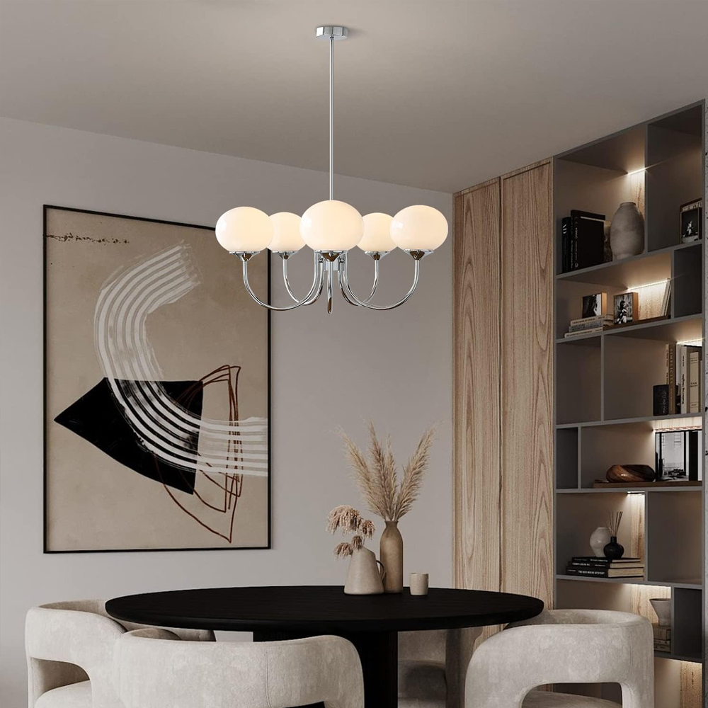 Modern 5-Light Globe Chandelier Light Fixture with Pink Smooth Glass Shade French Home Decor Glass Hanging Lamp-Handwovenlamp