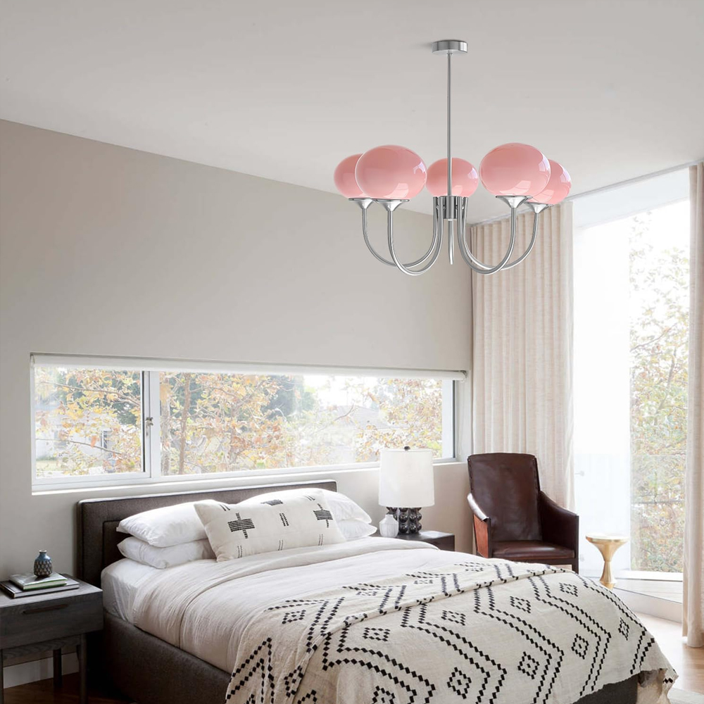 Modern 5-Light Globe Chandelier Light Fixture with Pink Smooth Glass Shade French Home Decor Glass Hanging Lamp-Handwovenlamp