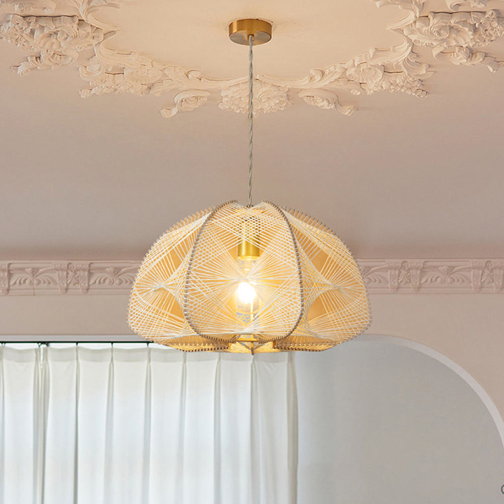 French Vintage Rope Pendant Light Fixture Living Room Wooden Chandelier-Handwovenlamp