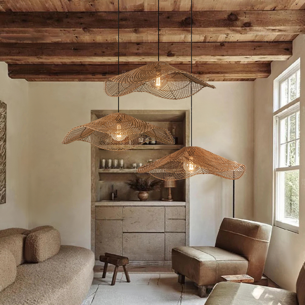 Handwoven Straw Hat Restaurant Pendant Light Wabi-sabi Style Rattan Chandelier-Handwovenlamp