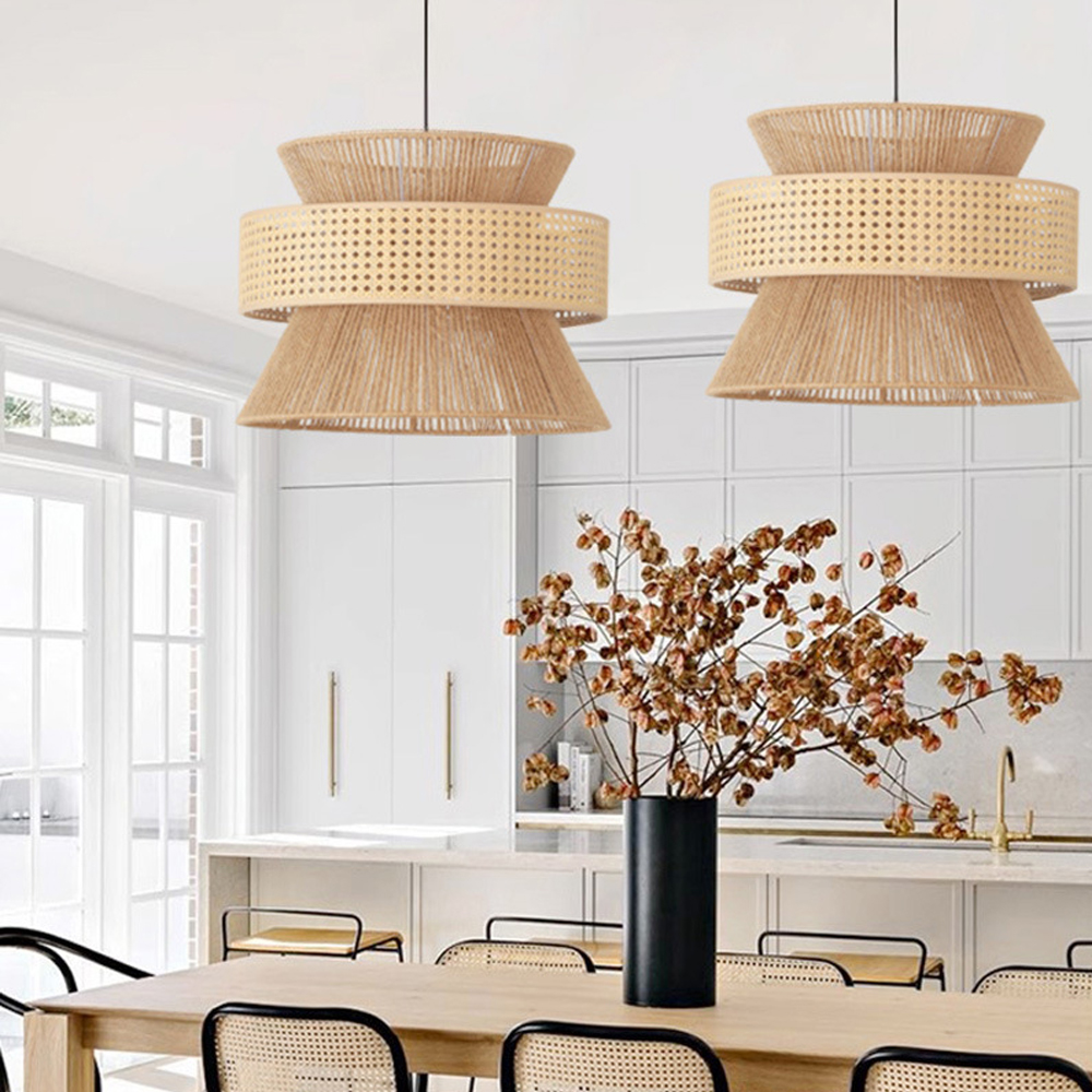 Mid-century Wabi Sabi Hemp Rope Pendants Rattan Hanging Light For Kitchen Island Dining Room-Handwovenlamp