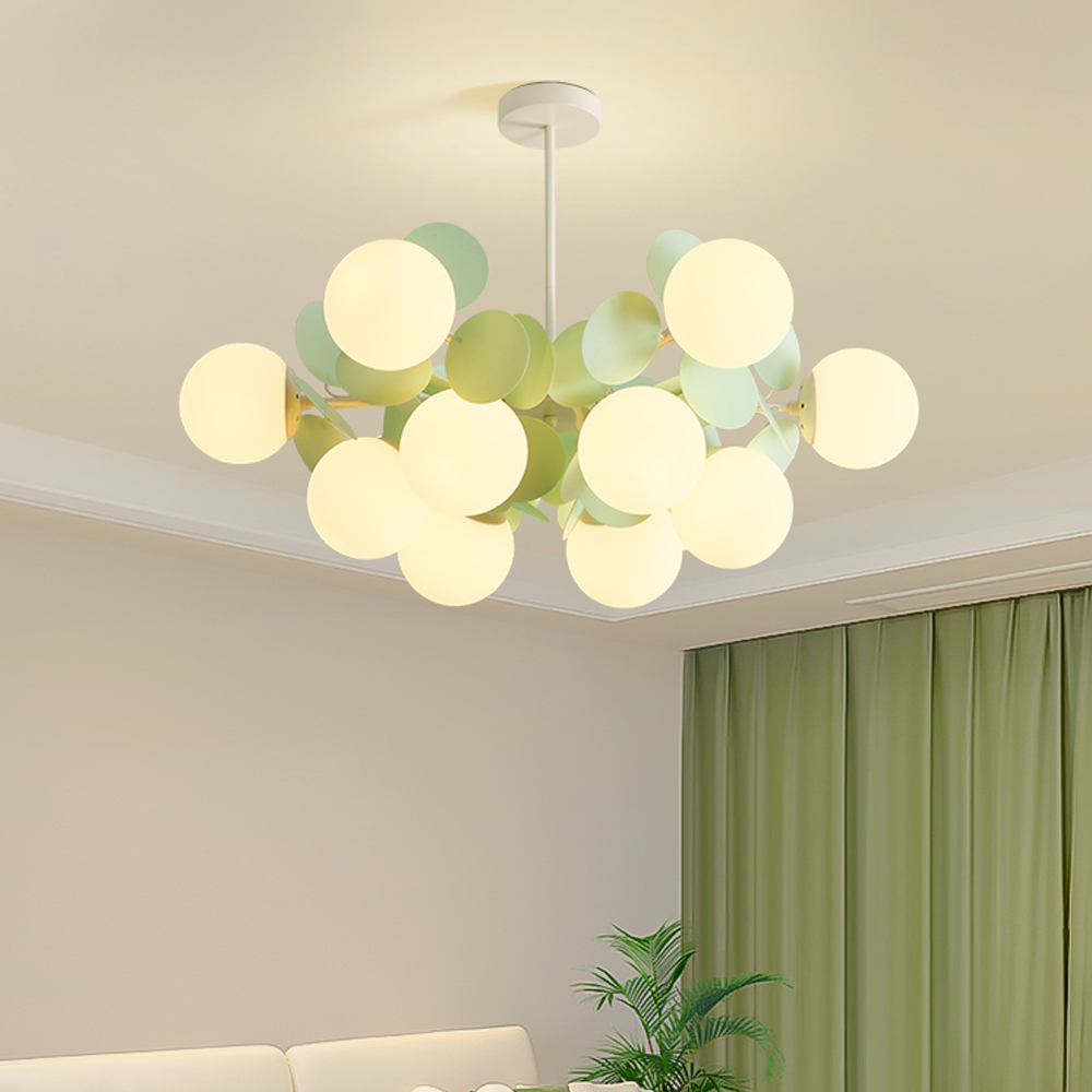 French Cream Style Living Room Glass Pendant Light Modern Green Bubble Chandelier-Handwovenlamp