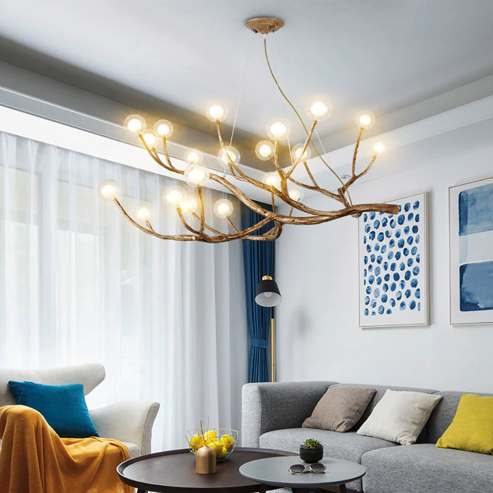 Nordic Rustic Tree Branch Hanging Chandelier with Bubble Glass lighting-Handwovenlamp