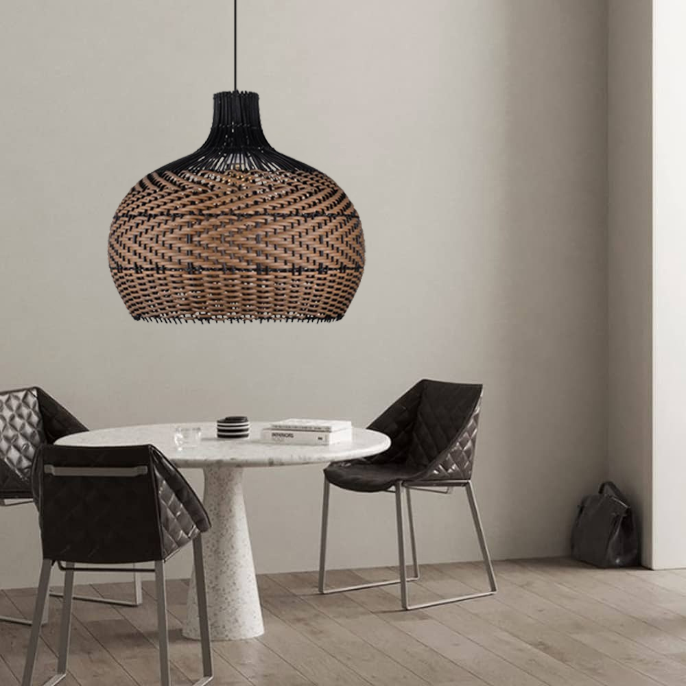 Black Rattan Hanging Lamp Fixture Wabi Sabi Farmhouse Retro Dining Room Chandelier-Handwovenlamp