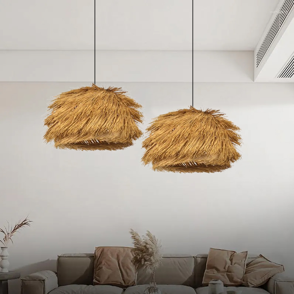 Wabi-sabi Dining Room Rattan Pendant Light Kitchen Grass Chandelier-Handwovenlamp