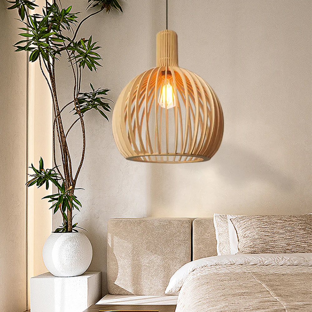 Restaurant Bamboo Wood Pendant Light Danish Designer Quality Birdcage Chandelier-Handwovenlamp