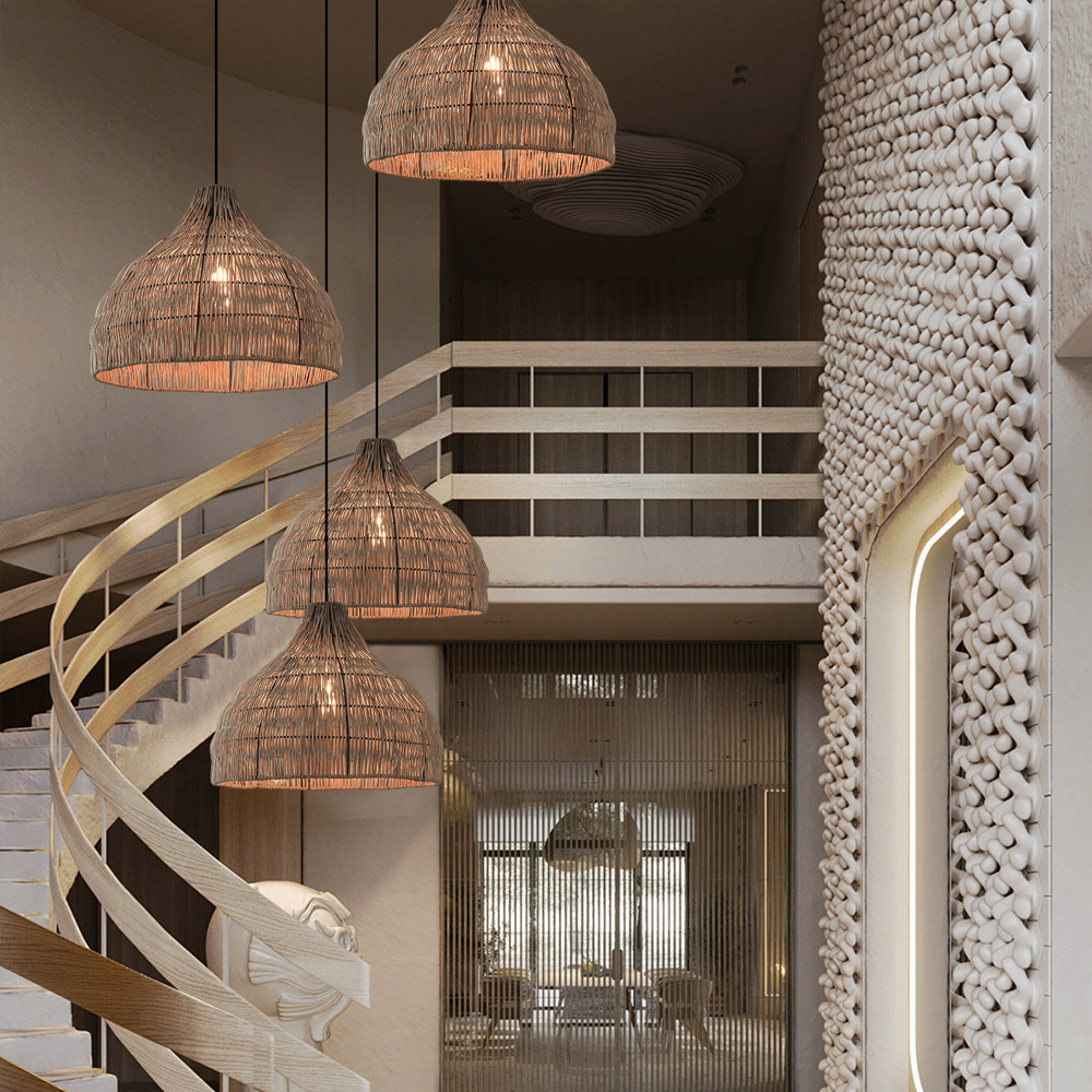 Wabi-sabi Style Stair Chandelier Duplex Loft Villa Rattan Pendant Lamp-Handwovenlamp