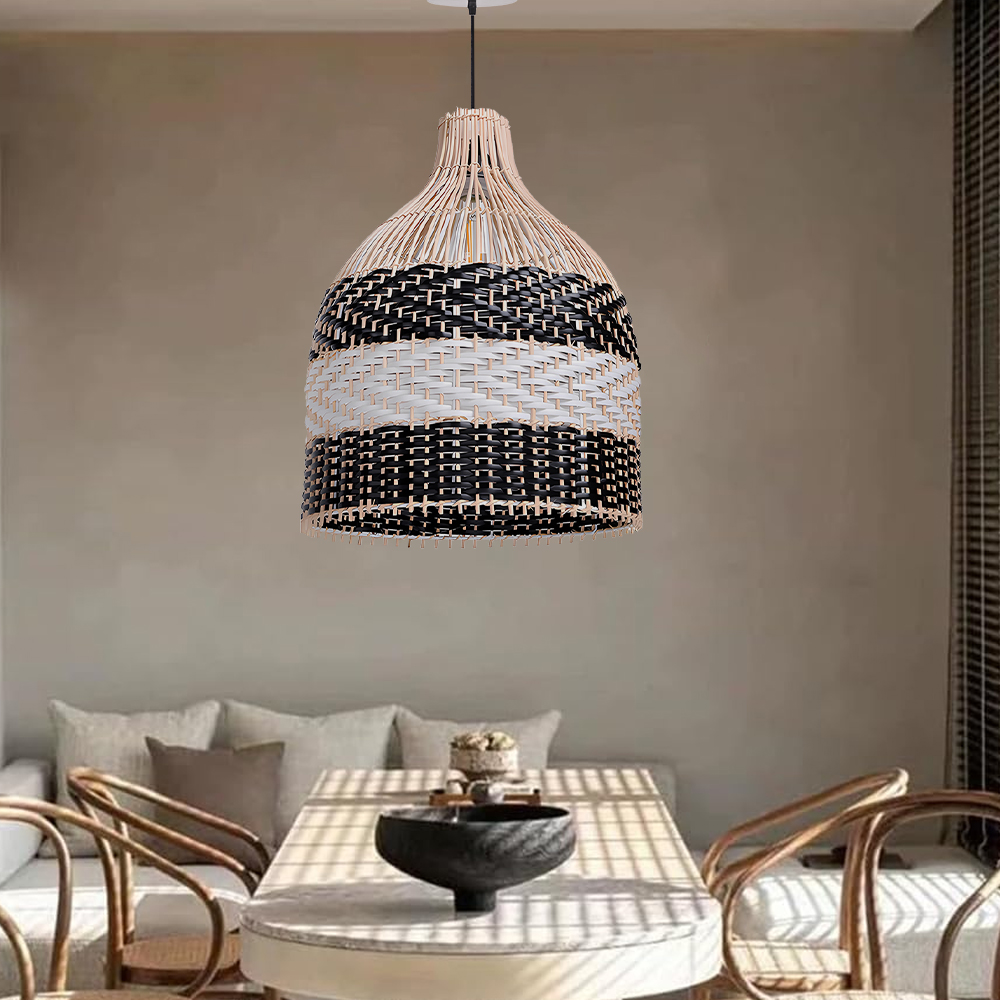 Popular Kitchen Island Decor Pendant Lamp Black White Rattan Lampshade-Handwovenlamp