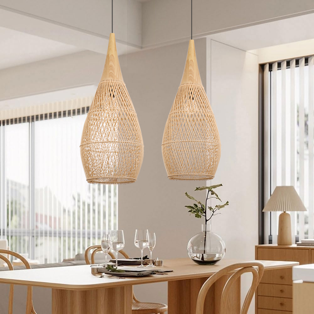 Rattan Wood Hanging Lamp Farmhouse Vintage Living Room Water Drop Chandelier-Handwovenlamp