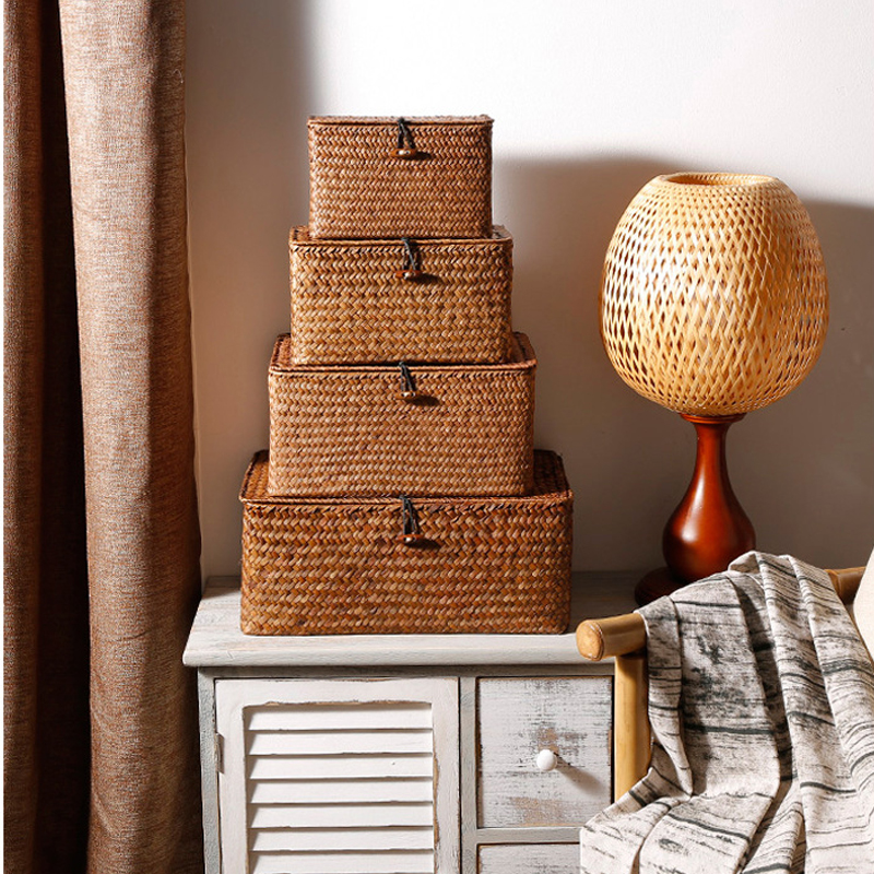 Straw Woven Storage Box Covered Sundries Organizer Ornament Box Storage Basket-Handwovenlamp
