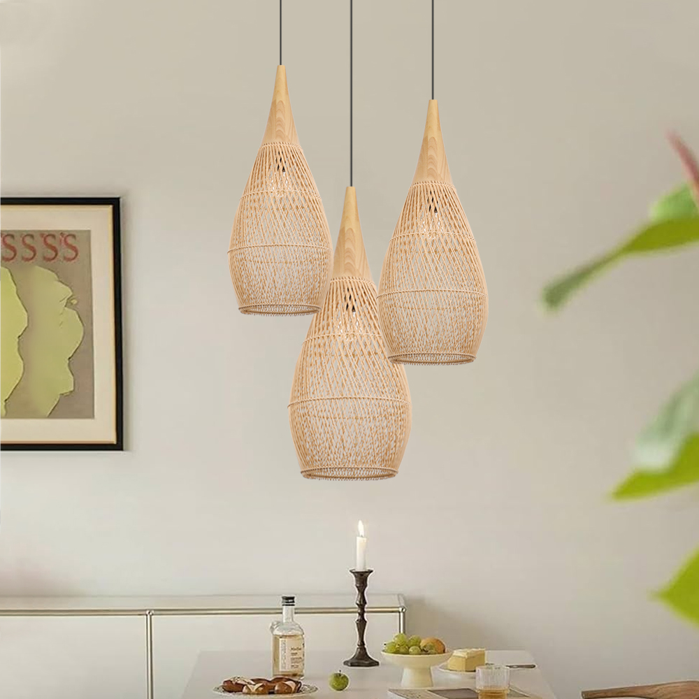 Rattan Wood Hanging Lamp Farmhouse Vintage Living Room Water Drop Chandelier-Handwovenlamp
