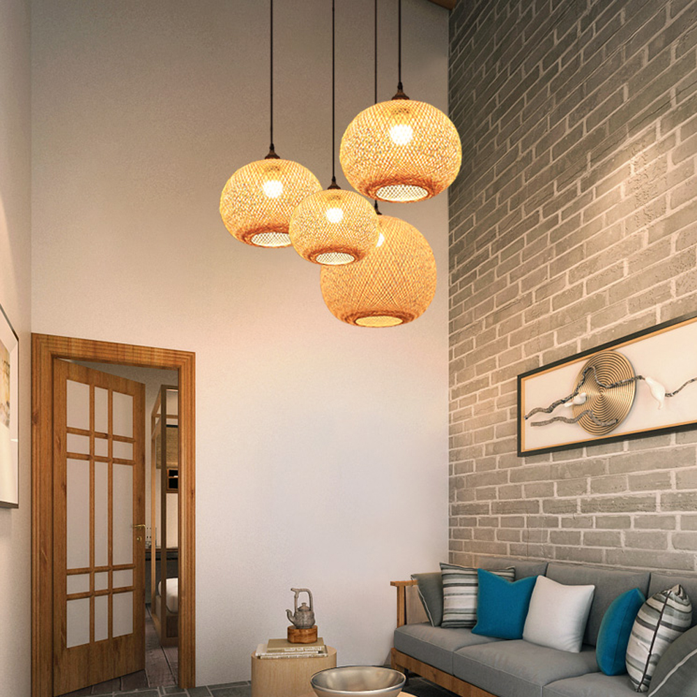 Retro Rattan Bamboo Pendant Lights Hand Woven Spherical Stairwell Lighting-Handwovenlamp