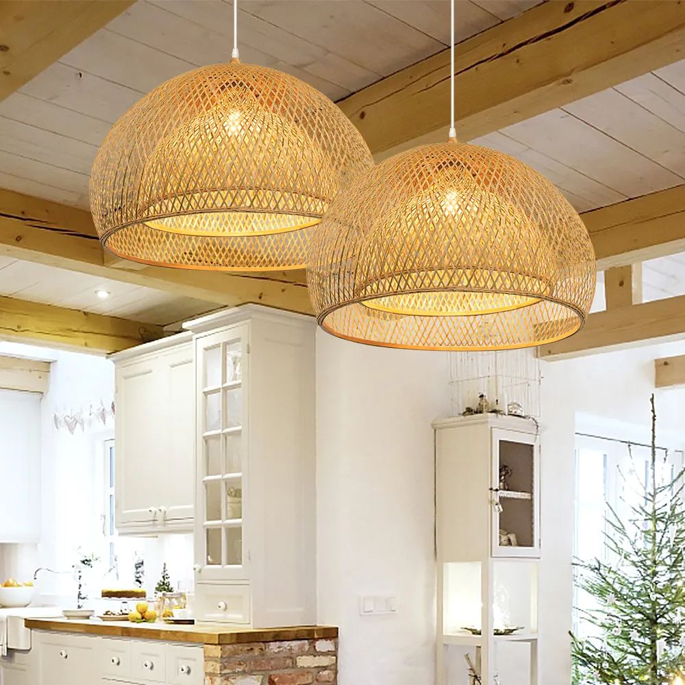 Japanese Style 2 Layer Bamboo Pendant Light Drum Pendants for Dining Room