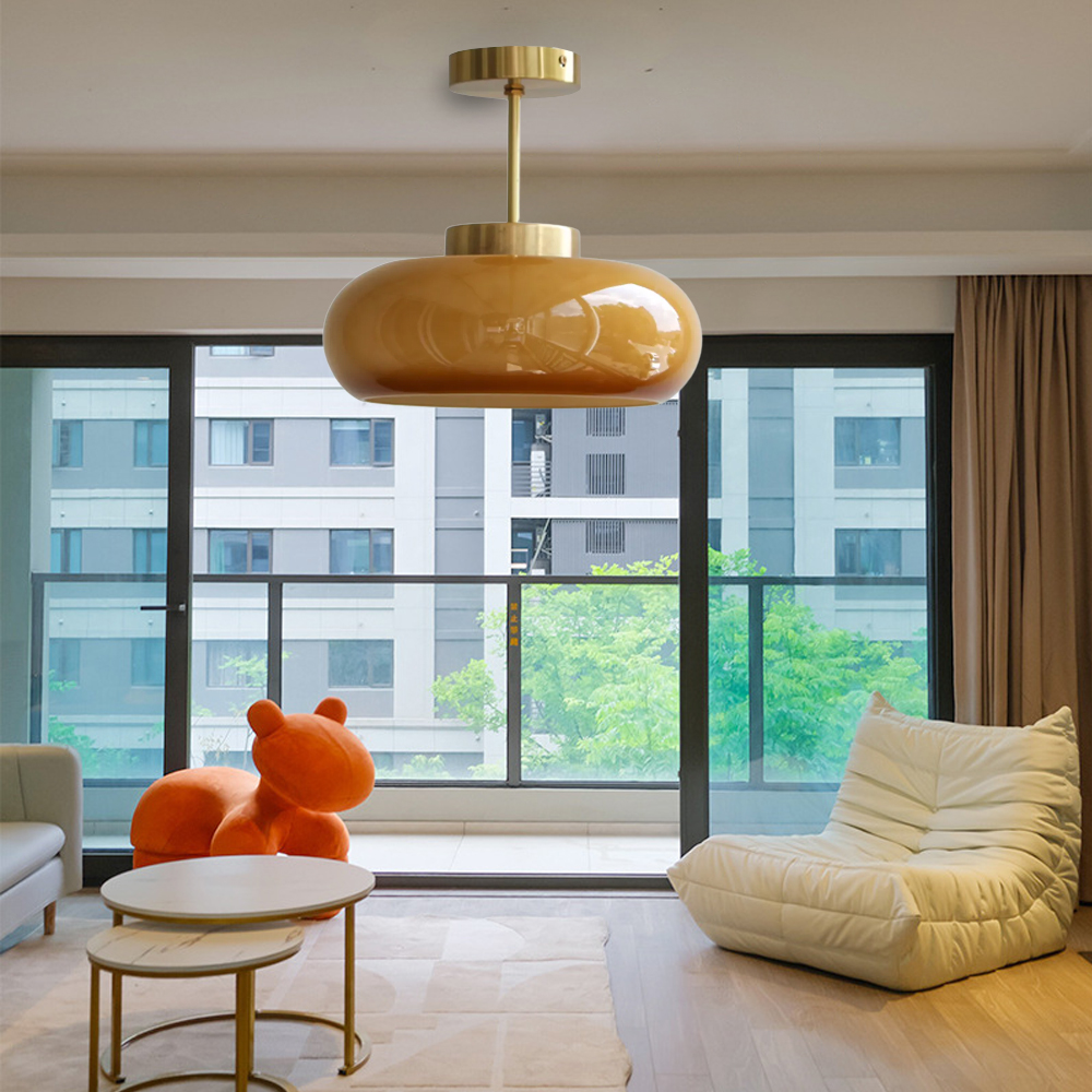 Vintage Flush Mount Glass Chandelier Living Room Brass Ceiling Light-Handwovenlamp