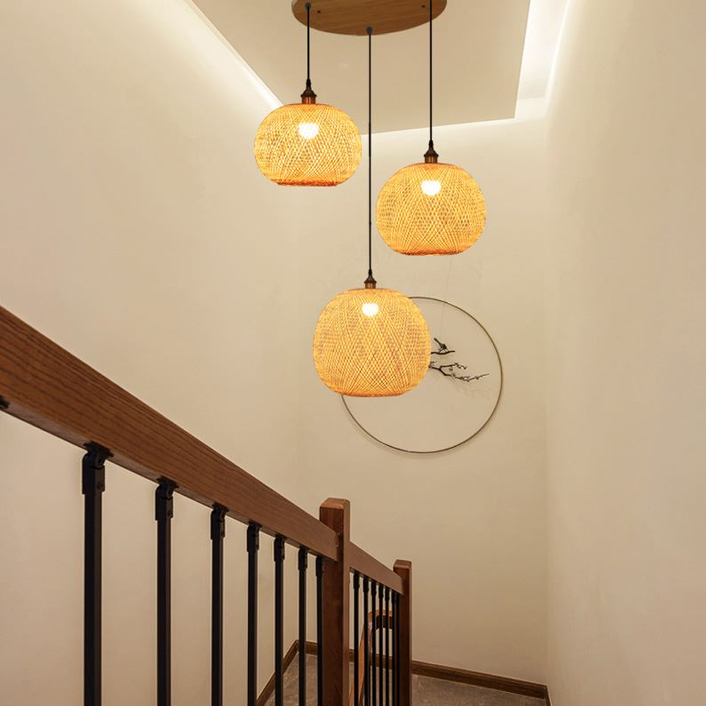 Retro Rattan Bamboo Pendant Lights Hand Woven Spherical Stairwell Lighting-Handwovenlamp