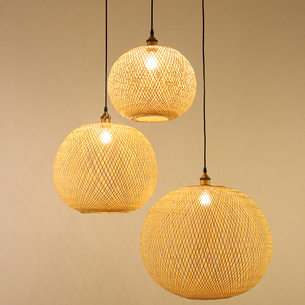 Retro Rattan Bamboo Pendant Lights Hand Woven Spherical Stairwell Lighting-Handwovenlamp