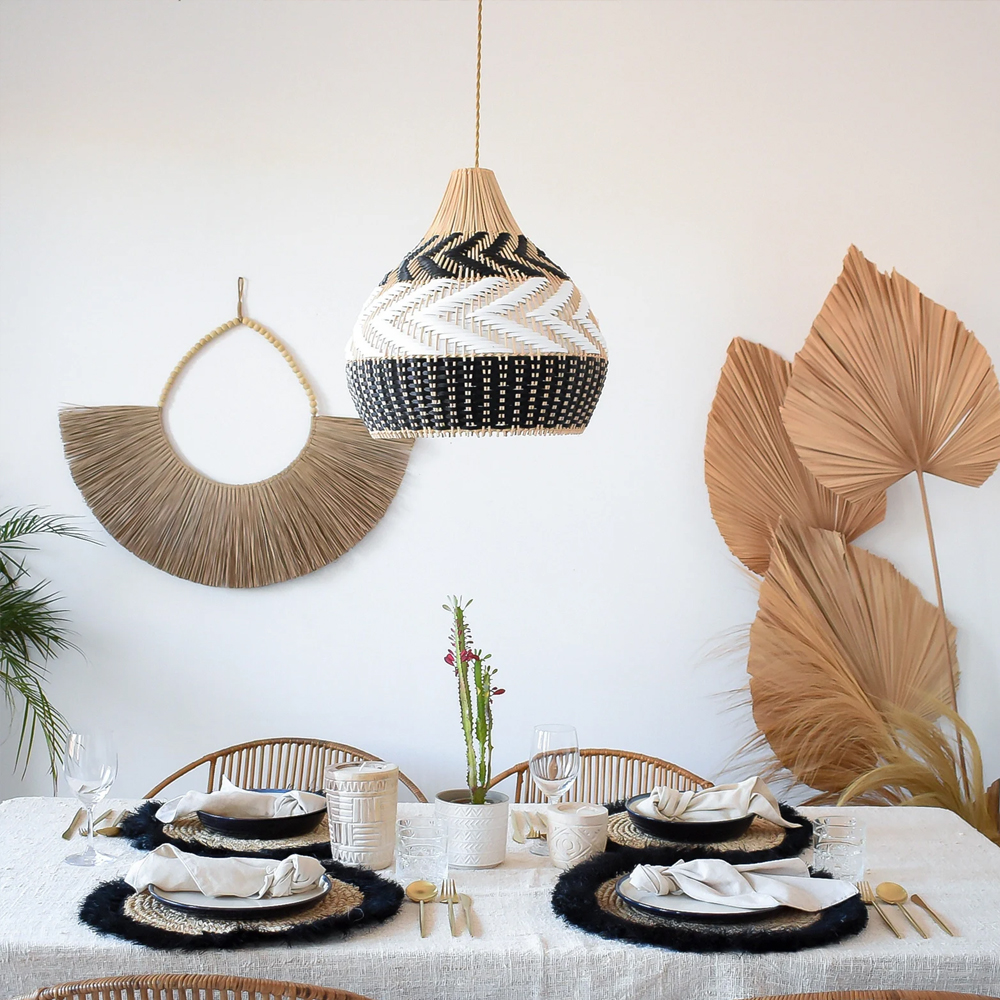 Boho Black White Basket Weave Rattan Light Fixture Handmade Kitchen Lamp Shade-Handwovenlamp