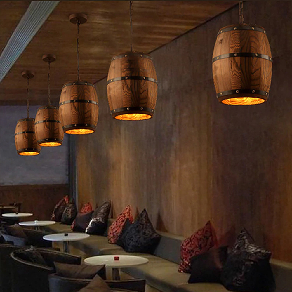 American Industrial Pendant Light Retro Wooden Barrel Creative Chandelier-Handwovenlamp