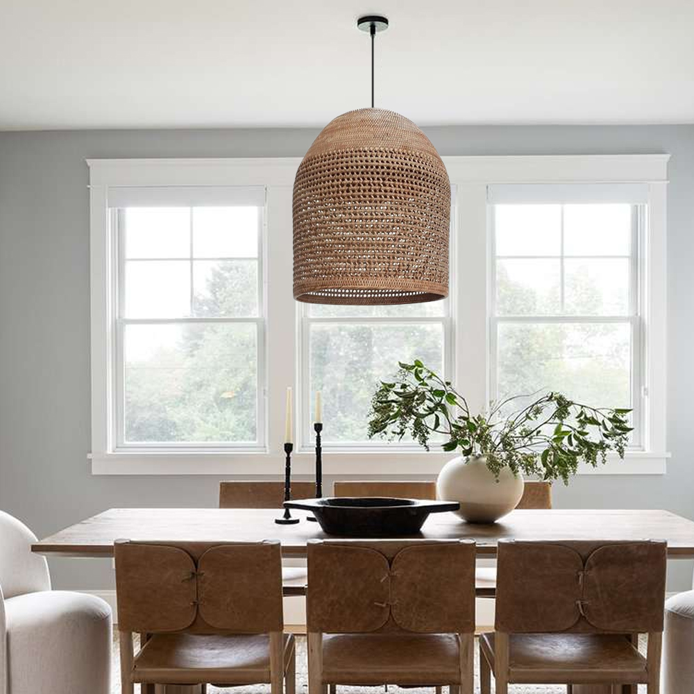 Hand-knitted Rattan Pendant Light Modern Scandinavian Bell Shape Kitchen Island Lighting-Handwovenlamp