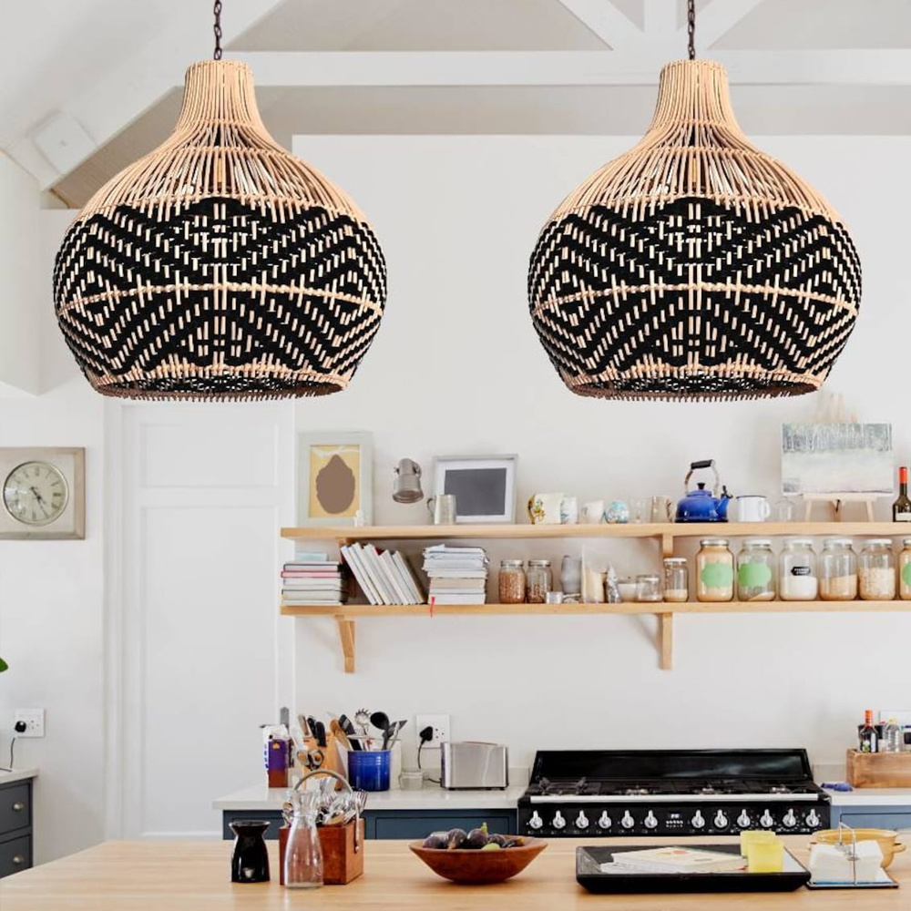 Florida Black Rattan Pendant Light Fixture For Kitchen Island-Handwovenlamp