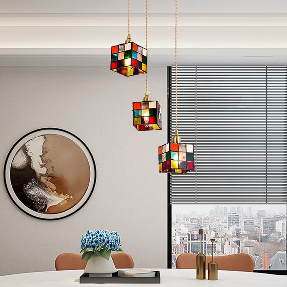 Nordic Creative Rubik’s Cube Small Glass Chandelier For Kitchen Island-Handwovenlamp