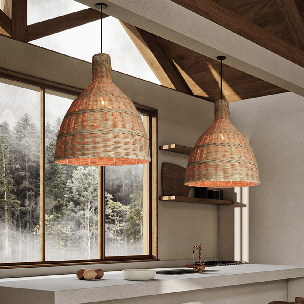 Wabi-sabi Retro Kitchen Island Rattan Chandelier Japanese Decorative Lamps-Handwovenlamp