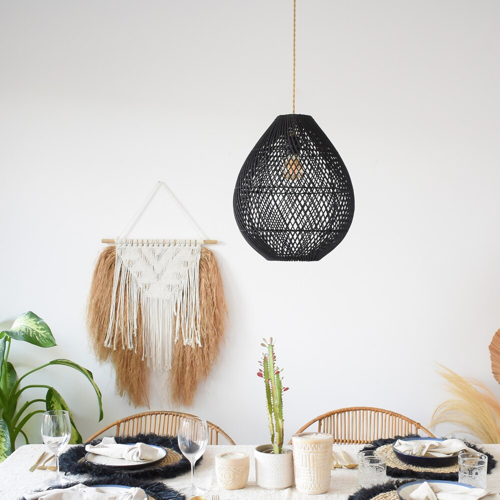 Kitchen Island Handmade Small Rattan Pendant Light Black Woven Light Fixture-Handwovenlamp