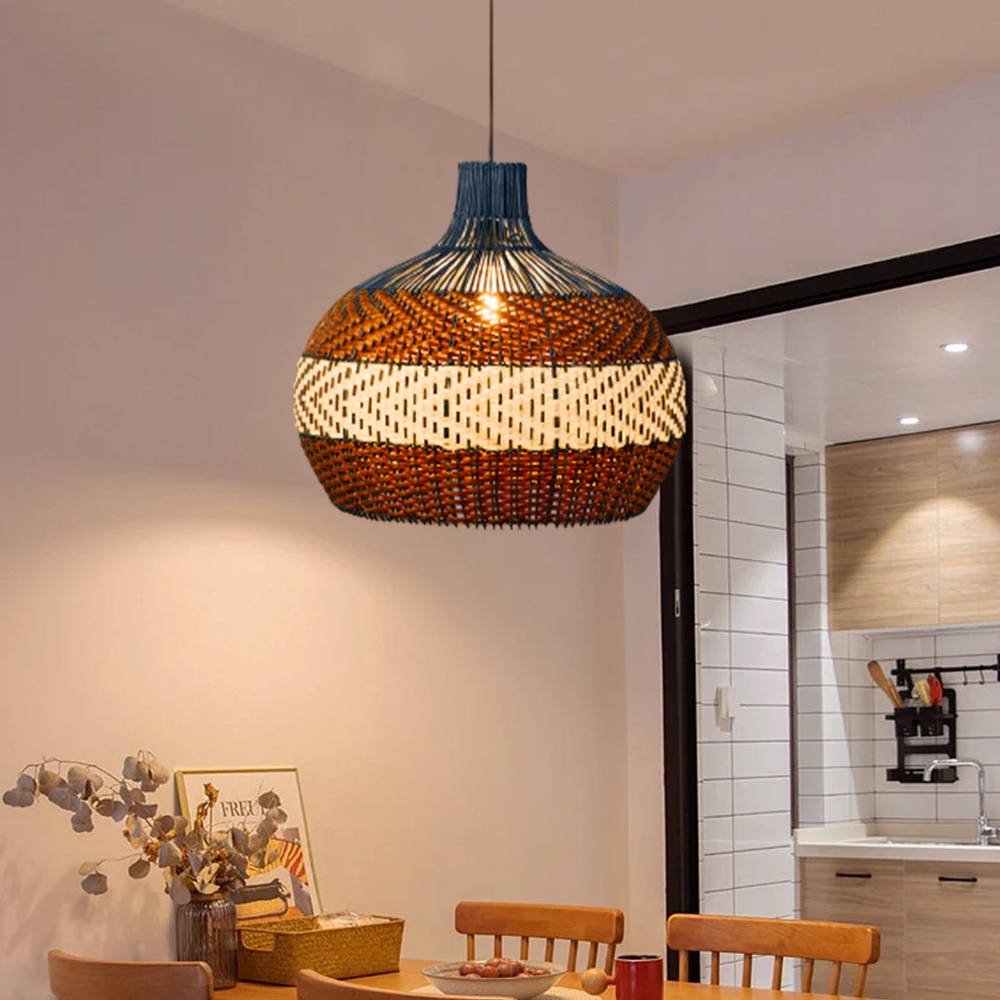 Handmade Kitchen Island Rattan Pendant Light Restaurant Blue Chandelier-Handwovenlamp