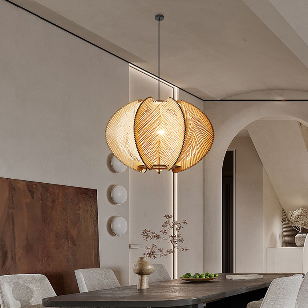 Wabi Sabi Scandinavian Wooden Pendant Lights Mid Century  Rope Chandelier-Handwovenlamp