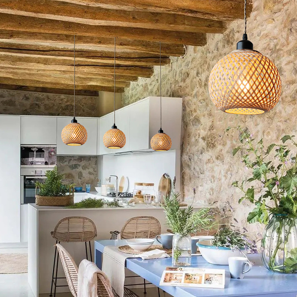 Handmade Kitchen Island Bamboo Pendant Light Minimal Woven Hanging Lamp-Handwovenlamp