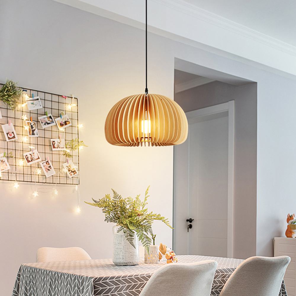 Japanese Pumpkin Lantern Wood Pendant Light Farmhouse Living Room Chandelier-Handwovenlamp