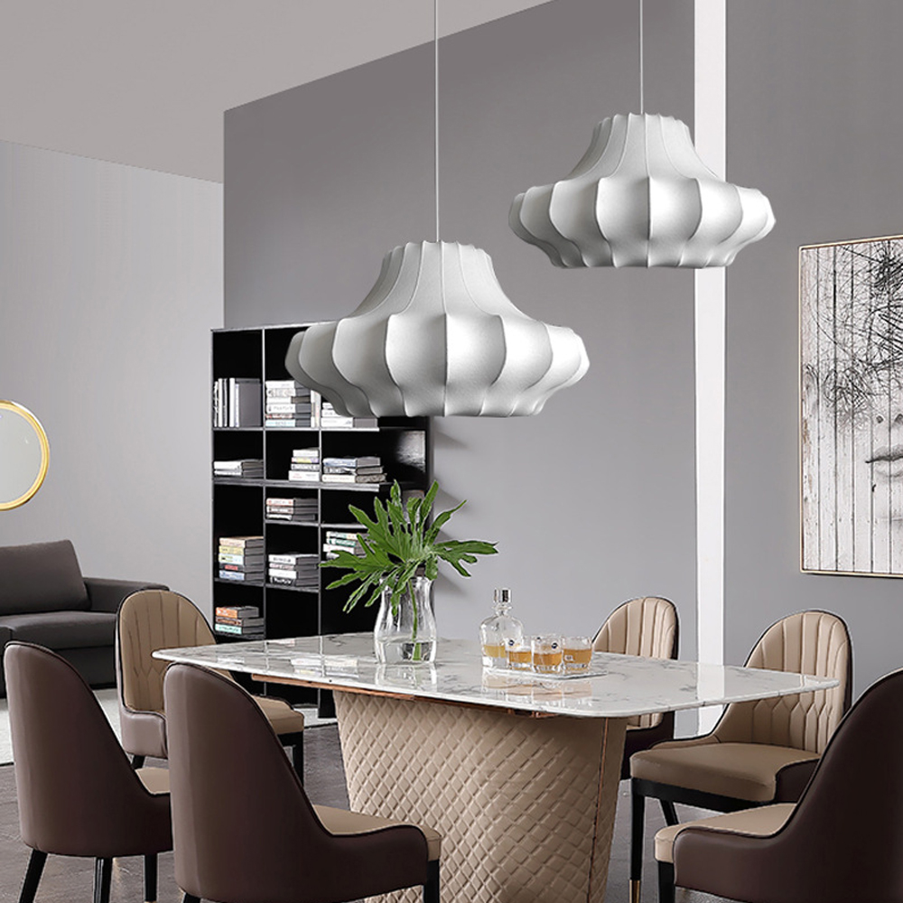 Nordic Simple White Silk Chandelier Dining Room Fabric Pendant Lighting-Handwovenlamp